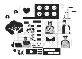 Computer software developers black and white 2D illustration concept. Diverse programmers at work cartoon outline characters isolated on white. Digital products creating metaphor monochrome art vector