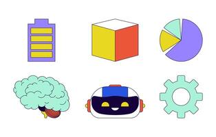 AI technology processing 2D linear cartoon objects set. Robotic head, cube geometric isolated line elements white background. Brain, gear, piechart color flat spot illustration collection vector