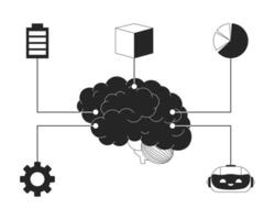Digital brain machine learning black and white 2D line cartoon object. Artificial intelligence tools isolated outline item. Data science, robotics computing monochromatic flat spot illustration vector