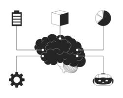 Digital brain machine learning black and white 2D line cartoon object. Artificial intelligence tools isolated outline item. Data science, robotics computing monochromatic flat spot illustration vector