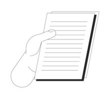 Holding paperwork cartoon human hand outline illustration. Looking papers. Reading files 2D isolated black and white image. Review documents. Checking report flat monochromatic drawing clip art vector