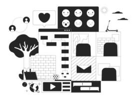 Web development black and white 2D illustration concept. Telecommuting. Software creation technology cartoon outline objects isolated on white. Programming online work metaphor monochrome art vector