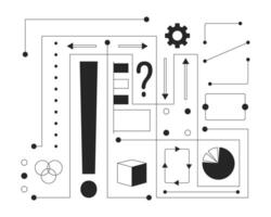 Neural network data black and white 2D line cartoon object. Artificial intelligence algorithm processing isolated outline item. AI decision management monochromatic flat spot illustration vector