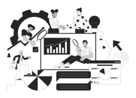 Data analytics service black and white 2D illustration concept. Professional marketers studying statistics cartoon outline characters isolated on white. Business metaphor monochrome art vector