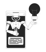 AI assistant cellphone black and white 2D line cartoon object. Idea generation algorithm mobile phone isolated outline item. Artificial intelligence chatbot monochromatic flat spot illustration vector