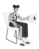africano americano mujer con niño dibujo negro y blanco 2d línea dibujos animados personaje. negro hembra participación pintura aislado contorno persona. regalo para madre monocromo plano Mancha ilustración vector