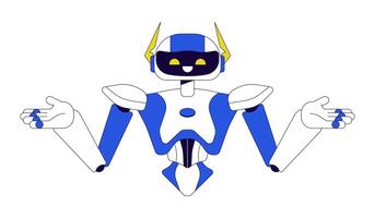 Robot shoulders shrugging 2D linear cartoon character. I dont know. Confused humanoid isolated line personage white background. Intelligence artificial arms out color flat spot illustration vector