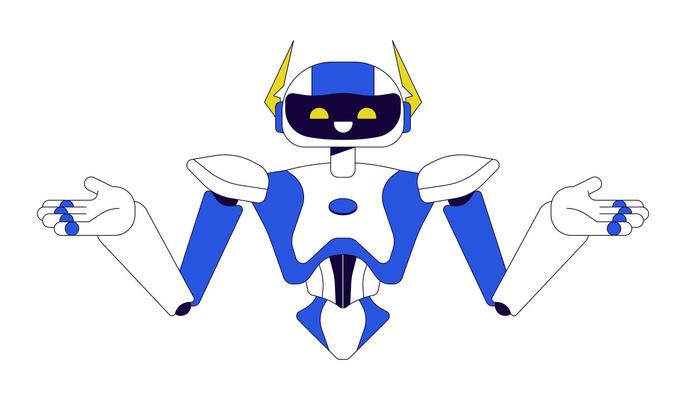 Robot shoulders shrugging 2D linear cartoon character. I dont know. Confused humanoid isolated line personage white background. Intelligence artificial arms out color flat spot illustration