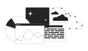 Analytics project management black and white 2D line cartoon object. Data analysis cloud storage isolated outline item. Digital files, graphs charts monochromatic flat spot illustration vector