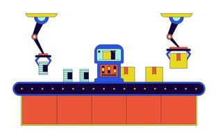 fábrica montaje línea cajas 2d lineal dibujos animados objeto. embalaje robótico brazos aislado línea elemento blanco antecedentes. Enlatado comida fabricación automatización color plano Mancha ilustración vector