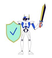 Robot with shield and sword 2D linear cartoon character. Cybersecurity humanoid isolated line personage white background. Cyber protection technology color flat spot illustration vector