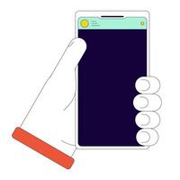 Holding smartphone linear cartoon character hand illustration. Using mobile phone outline 2D image, white background. Cellphone in hand. Cell phone carrying editable flat color clipart vector