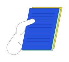 Holding paperwork linear cartoon character hand illustration. Looking papers. Reading files outline 2D image, white background. Review documents. Checking report editable flat color clipart vector