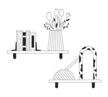 Books and decorative accessories on shelves black and white 2D line cartoon objects set. Racks in home decor isolated outline items collection. Coziness monochromatic flat spot illustrations vector