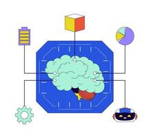 máquina aprendizaje cerebro 2d lineal ilustración concepto. datos analítica software. informática plataforma dibujos animados objeto aislado en blanco. digital Procesando metáfora resumen plano contorno gráfico vector