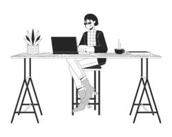 asiático hembra trabajando en ordenador portátil a mostrador mesa negro y blanco 2d línea dibujos animados personaje. mujer a computadora aislado contorno persona. lugar de trabajo comodidades monocromo plano Mancha ilustración vector