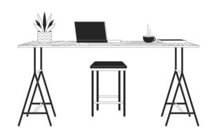 Laptop and coffee on counter table 2D linear cartoon objects. Comfortable place to work isolated outline items collection. Remote workplace furniture monochromatic flat spot illustration vector