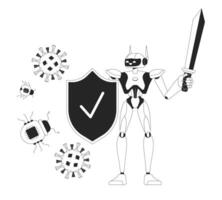 AI cyber defense black and white 2D illustration concept. Robot shield virus bugs cartoon outline character isolated on white. Artificial intelligence cybersecurity metaphor monochrome art vector