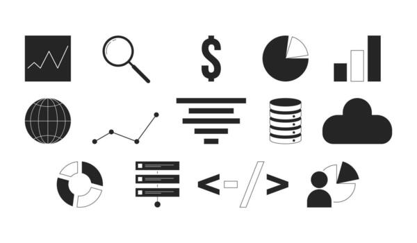Analytics database management black and white 2D line cartoon objects set. Planning, charts, cloud storage isolated outline items collection. Data analysis monochromatic flat spot illustrations vector