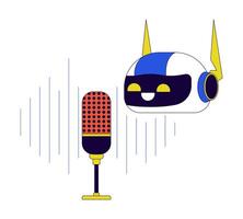 Robot microphone recording 2D linear cartoon object. AI audio record mic isolated line element white background. Innovative technology artificial intelligence color flat spot illustration vector