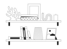 Shelves with cute domestic accessories black and white 2D line cartoon objects set. Interior decor on racks isolated outline items collection. Home design monochromatic flat spot illustrations vector