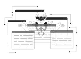 AI decision management black and white 2D illustration concept. Cognitive computing. Machine learning cartoon outline character isolated on white. Software application metaphor monochrome art vector