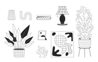 Domestic atmosphere essentials black and white 2D line cartoon objects set. Interior design maintaining isolated outline items collection. Coziness at home monochromatic flat spot illustrations vector