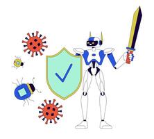 AI cyber defense 2D linear illustration concept. Robot shield virus bugs cartoon character isolated on white. Artificial intelligence cybersecurity metaphor abstract flat outline graphic vector