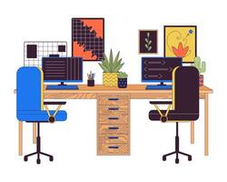 Double workplace with computers 2D linear cartoon objects. Comfortable office furniture isolated line elements white background. Workspace arrangement color flat spot illustration vector