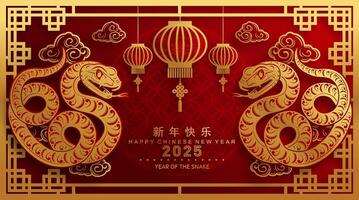 contento chino nuevo año 2025 año de el serpiente con flor linterna asiático elementos rojo y oro tradicional papel cortar estilo en color antecedentes. vector