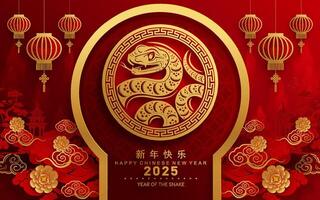 contento chino nuevo año 2025 año de el serpiente con flor linterna asiático elementos rojo y oro tradicional papel cortar estilo en color antecedentes. vector