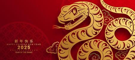 Happy chinese new year 2025 year of the snake with flower lantern asian elements red and gold traditional paper cut style on color background. vector