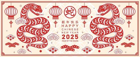 Happy chinese new year 2025 the snake zodiac sign with flower,lantern,asian elements red paper cut style on color background. vector