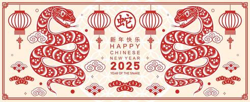 Happy chinese new year 2025 the snake zodiac sign with flower,lantern,asian elements red paper cut style on color background. vector