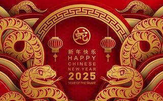 Happy chinese new year 2025 year of the snake with flower lantern asian elements red and gold traditional paper cut style on color background. vector