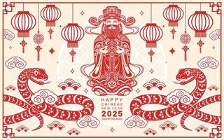 Happy chinese new year 2025 the snake zodiac sign with flower,lantern,asian elements red paper cut style on color background. vector