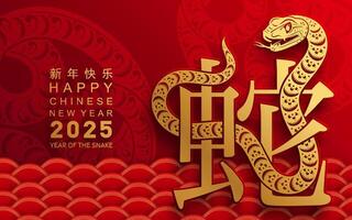 contento chino nuevo año 2025 año de el serpiente con flor linterna asiático elementos rojo y oro tradicional papel cortar estilo en color antecedentes. vector