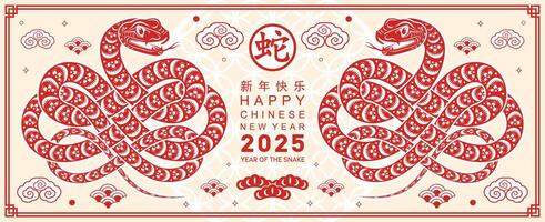 Happy chinese new year 2025 the snake zodiac sign with flower,lantern,asian elements red paper cut style on color background. vector