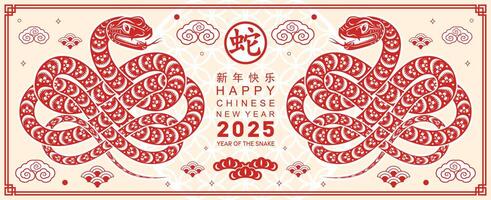 Happy chinese new year 2025 the snake zodiac sign with flower,lantern,asian elements red paper cut style on color background. vector