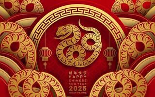 contento chino nuevo año 2025 año de el serpiente con flor linterna asiático elementos rojo y oro tradicional papel cortar estilo en color antecedentes. vector