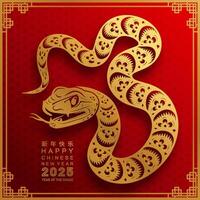 contento chino nuevo año 2025 el serpiente zodíaco firmar con flor,linterna,asiática elementos serpiente logo rojo y oro papel cortar estilo en color antecedentes. contento nuevo año 2025 año de el serpiente. vector