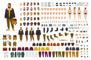 Fat man creation set or DIY kit. Collection of flat cartoon character body parts, face expressions, trendy hipster clothes isolated on white background. Front, side, back view. illustration. vector