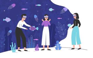 Three people wearing virtual reality glasses and standing inside giant aquarium full of exotic fish. Male and female cartoon characters enjoying VR headset effects. Colorful illustration. vector