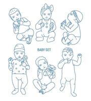 Collection of infant children or babies dressed in various clothes and holding toys and rattles. Set of toddlers in different postures drawn in line art style. Monochrome illustration. vector