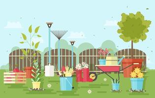 Gardening and agriculture equipment and tools against wooden fence and garden plants on background - wheelbarrow, watering can, shovel, rake, gloves, pruner, rubber boots, trowel. illustration. vector