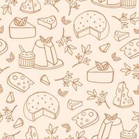 Monochrome seamless pattern with cheese of different kinds - ricotta, roquefort, brie, maasdam. Backdrop with delicious snacks hand drawn with contour lines. illustration for textile print. vector