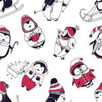 Seamless pattern with funny baby penguins dressed in winter outerwear on white background. Backdrop with cute cartoon antarctic birds. illustration for wallpaper, textile print, wrapping paper. vector