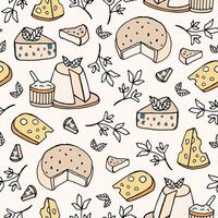 Seamless pattern with cheese of different types ricotta, camembert, gorgonzola maasdam. Backdrop with various delicious appetizers or tasty snacks hand drawn in doodle style. illustration. vector