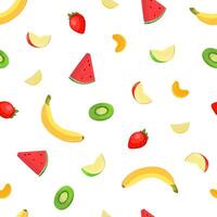 Bright colored seamless pattern with fresh delicious tropical fruits and berries on white background. Backdrop with raw healthy food. illustration for fabric print, wrapping paper, wallpaper. vector