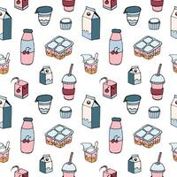 Modern seamless pattern with dairy products drawn on white background - milk, milkshake, berry yogurt, sour cream, curd. Colorful illustration for wallpaper, textile print, wrapping paper. vector